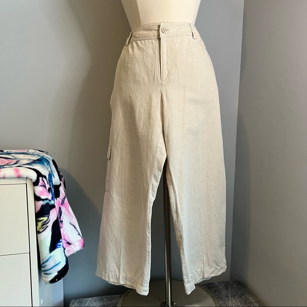 Liz & Co 12 Beige Linen Blend Cropped Capri Wide Leg Pants Cargo Pocket